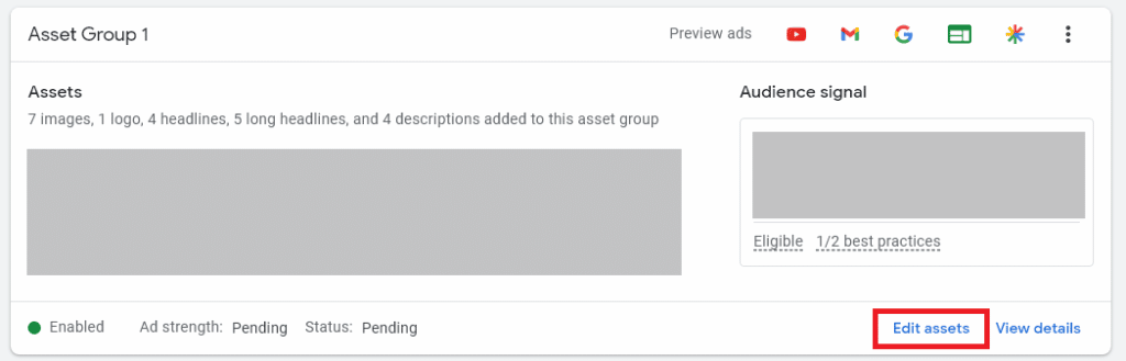 googld ad performance max asset groups page with the edit assets link highlighted