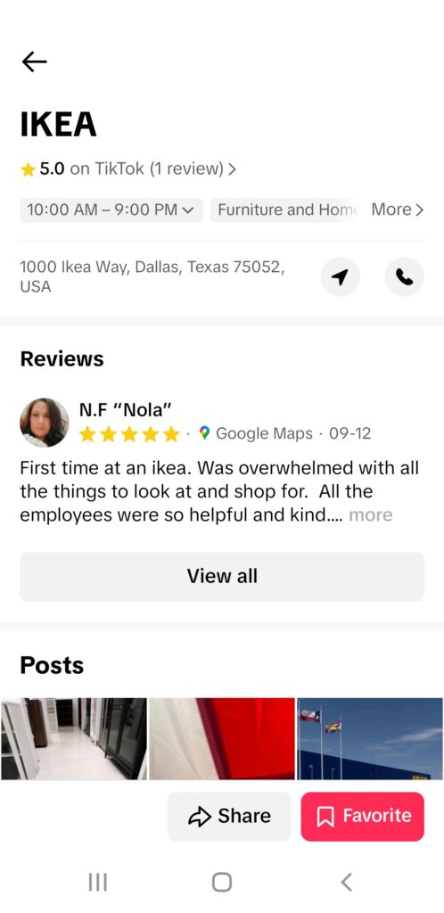 screenshot of IKEA Dallas, TX location listed on the TikTok app