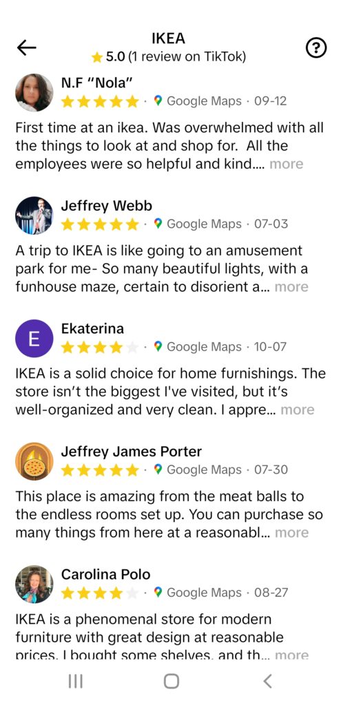 Screenshot showing the only reviews imported from Google by TikTok for the IKEA location in Dallas, TX