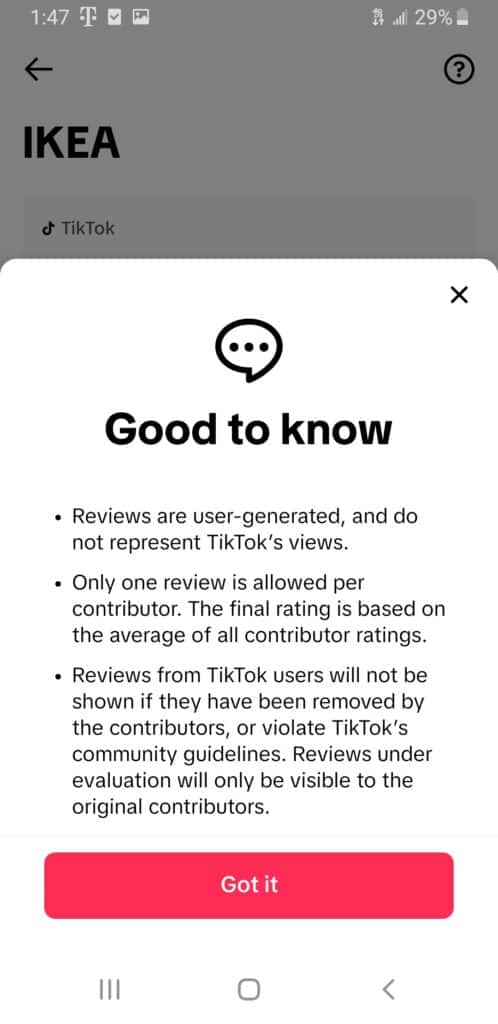 good to know information panel inside the TikTok app about reviews on TikTok